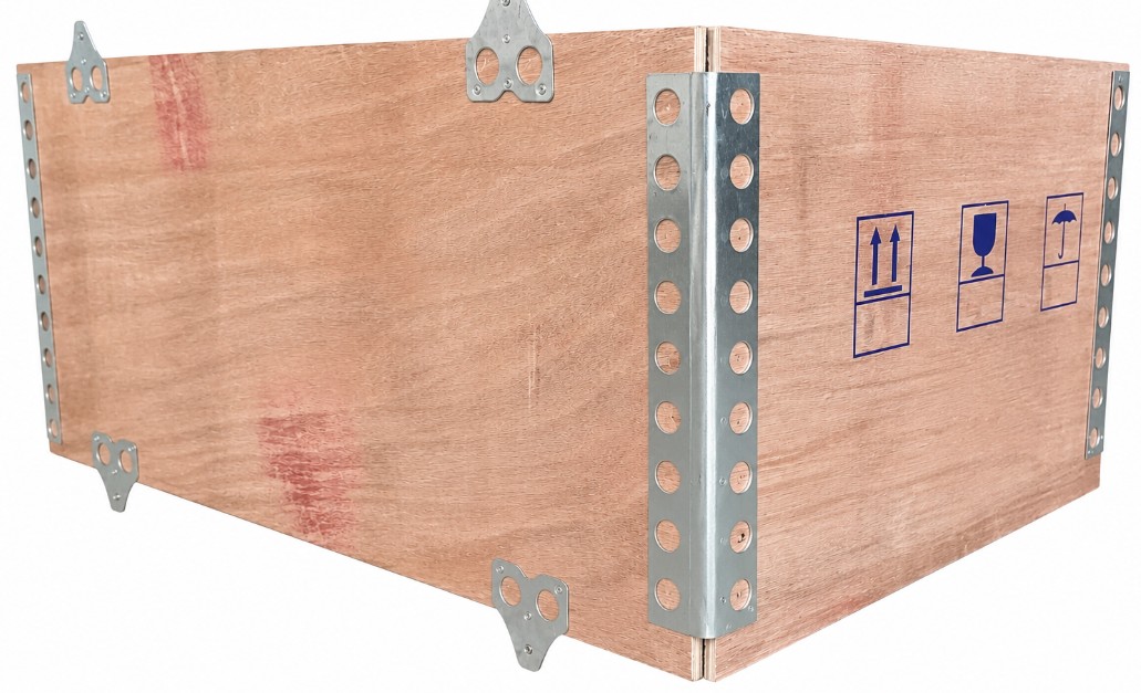 Steel buckle locks and galvanized corner strips on a nailless plywood box — tool-free assembly without nails