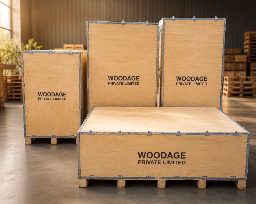 Nailless plywood boxes in custom sizes at Woodage warehouse — first foldable plywood export boxes manufactured in Pakistan