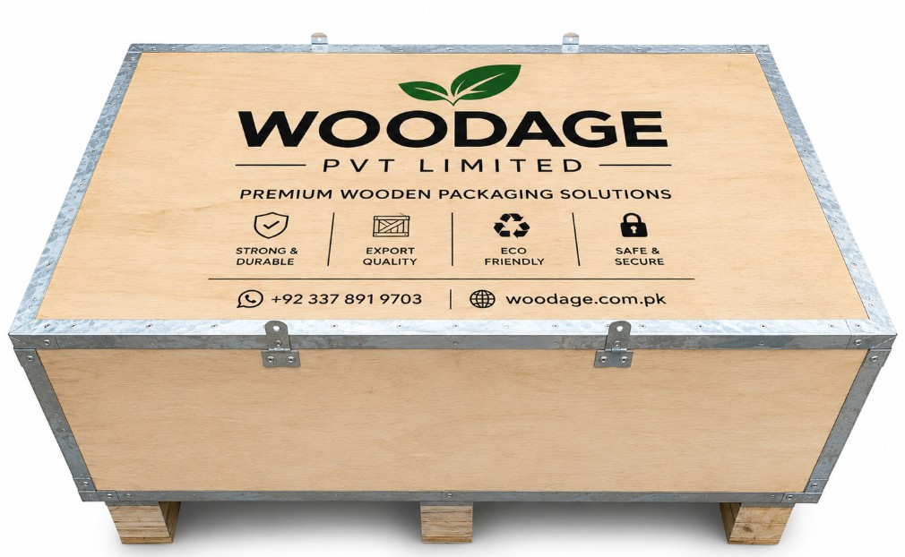 Woodage nailless plywood packing box with galvanized steel edges — fumigation-free export box on pallet base